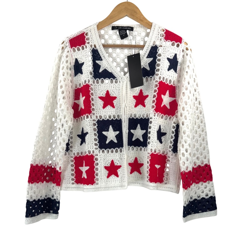 LIV LOS ANGELES Cardigan ㄴㅋ M White Stars Americana Crochet Knit patriotic
